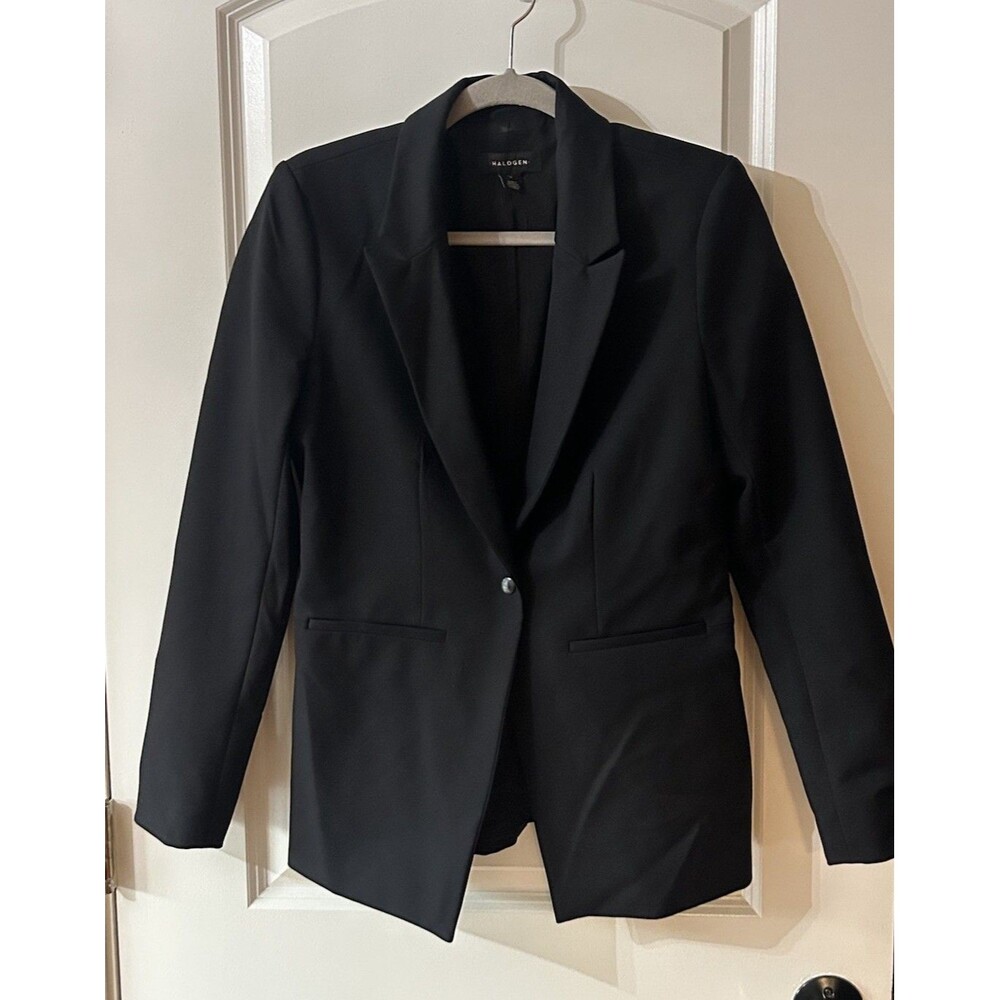 Halogen Womens Black Blazer Size 8 Single Snap Button Rayon Blend Chic Career
